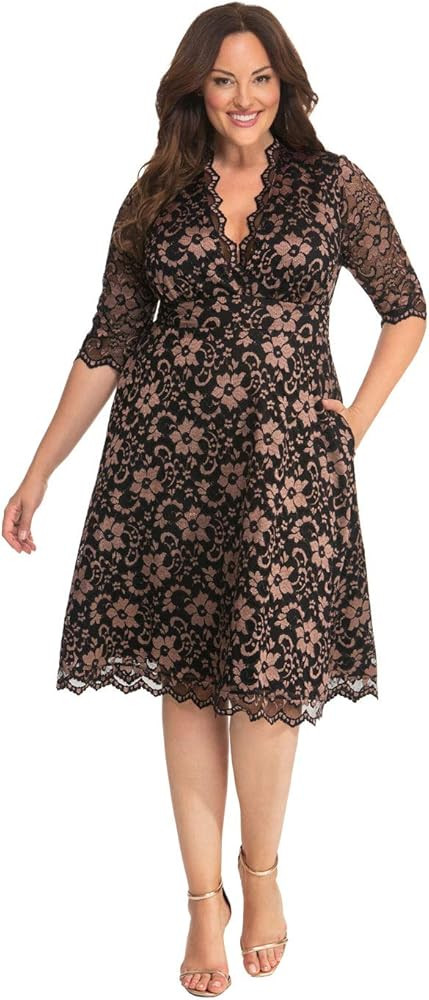 Kiyonna Women's Plus Size Mon Cherie Lace Dress, A-Line Midi Semi-Formal or Formal Cocktail Party... | Amazon (US)