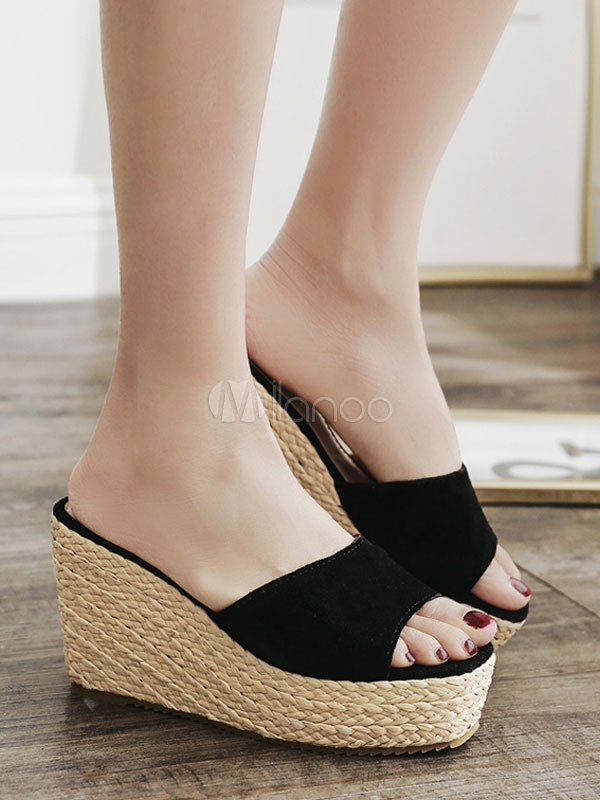 Black Sandal Slippers Suede Open Toe Backless Wedge Sandals Women Shoes | Milanoo