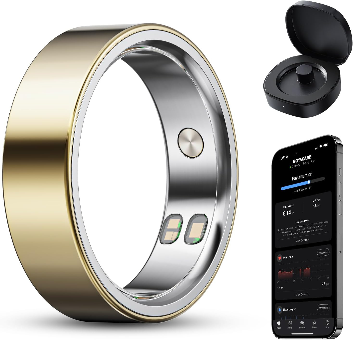 BOYACARE - Smart Ring Health Tracker with Sleep Heart Rate Stress Fitness Blood Oxygen Vibration Alerts / No Subscription - Gold - (2026) | Best Buy U.S.