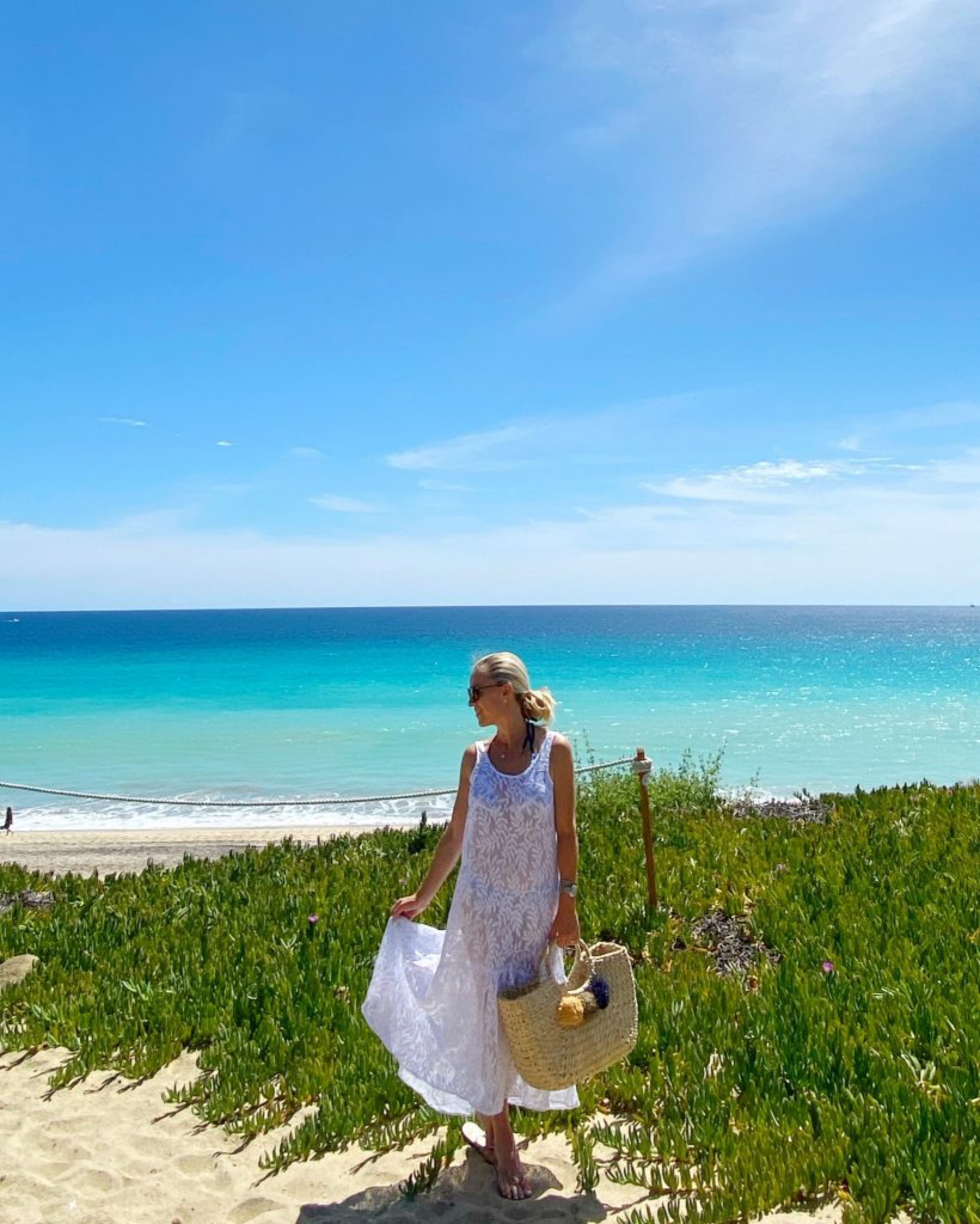 Beautiful white maxi dress and swim coverup for the beach or pool. Paired with a handwoven basket tote for the essentials and I’m wearing Aviator Ray-Ban sunglasses 

#LTKstyletip #LTKtravel #LTKswim