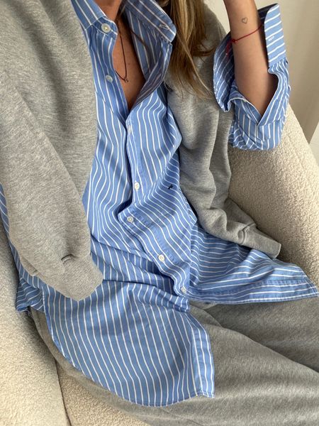 WFH outfit ideas | working from home outfits | The Frankie Shop | striped shirt | oversized shirt | grey tracksuit | weekend outfit | casual workwear 

#LTKeurope #LTKworkwear #LTKstyletip