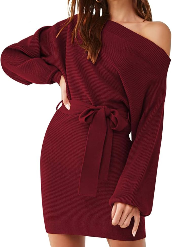 Meenew Women's Off Shoulder Sweater Dress Ribbed Tie Waist Short Bodycon Dress | Amazon (US)