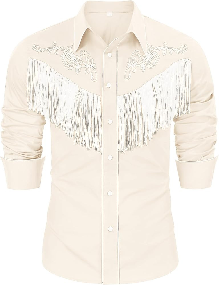 CORSKI Men's Cowboy Costume Western Long Sleeve Casual Fringe Hippie Slim Fit Button Down Shirt | Amazon (US)