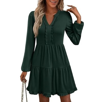 ANRABESS Womens Long Sleeve Dress 2025 Fall Casual V Neck Tiered Flowy Swing… | Amazon (US)