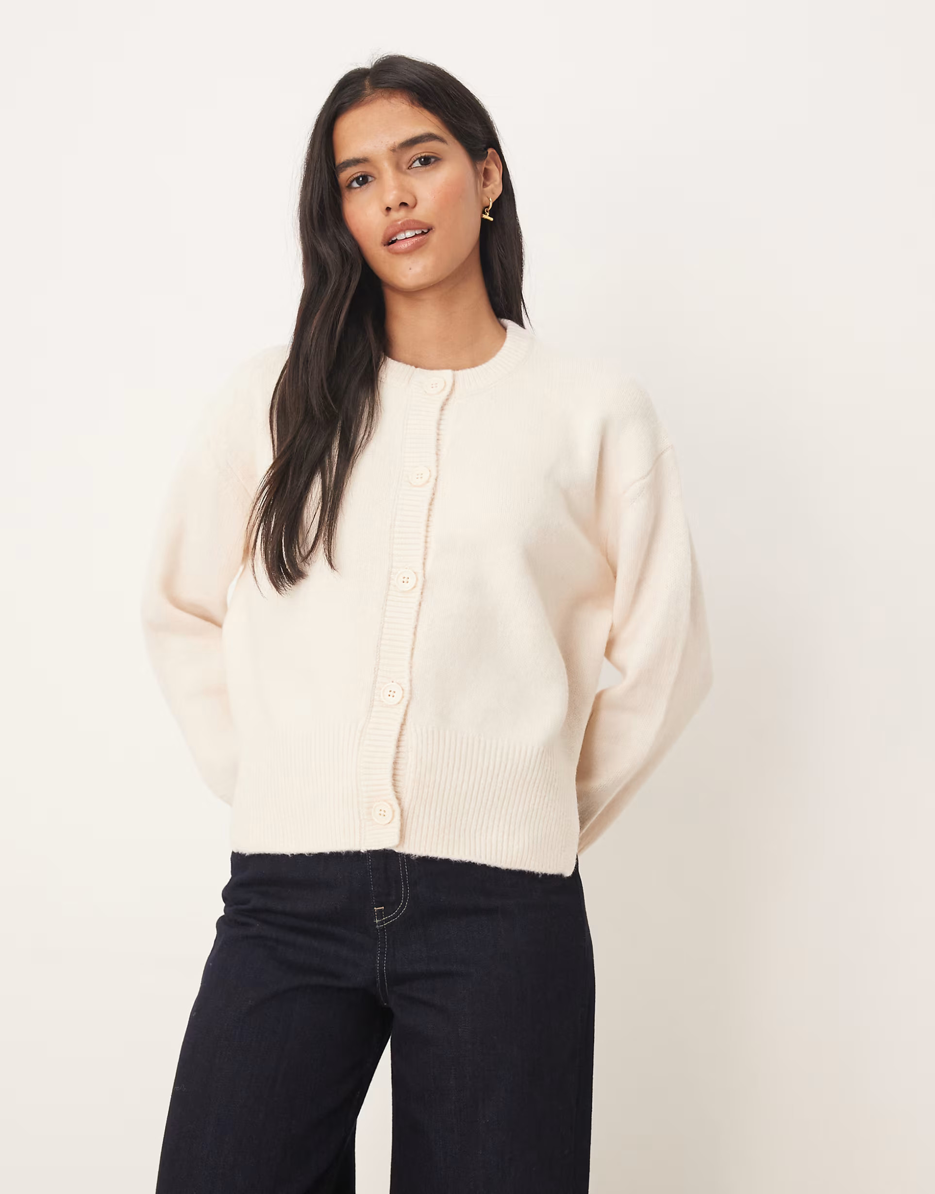 ASOS DESIGN boxy crew neck cardigan with side split detail in cream | ASOS (Global)