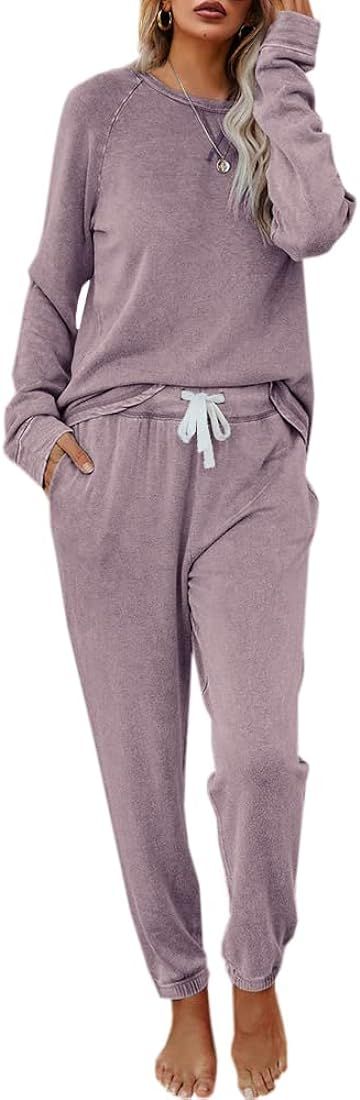 Eurivicy Women's Solid Sweatsuit Set 2 Piece Long Sleeve Pullover and Drawstring Sweatpants Sport Ou | Amazon (US)