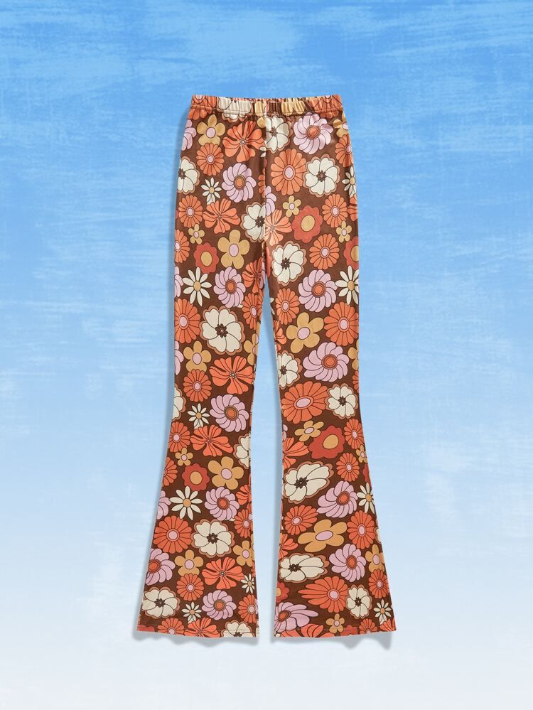 ROMWE X Goldendazeillustration Floral Print Flare Leg Pants | SHEIN