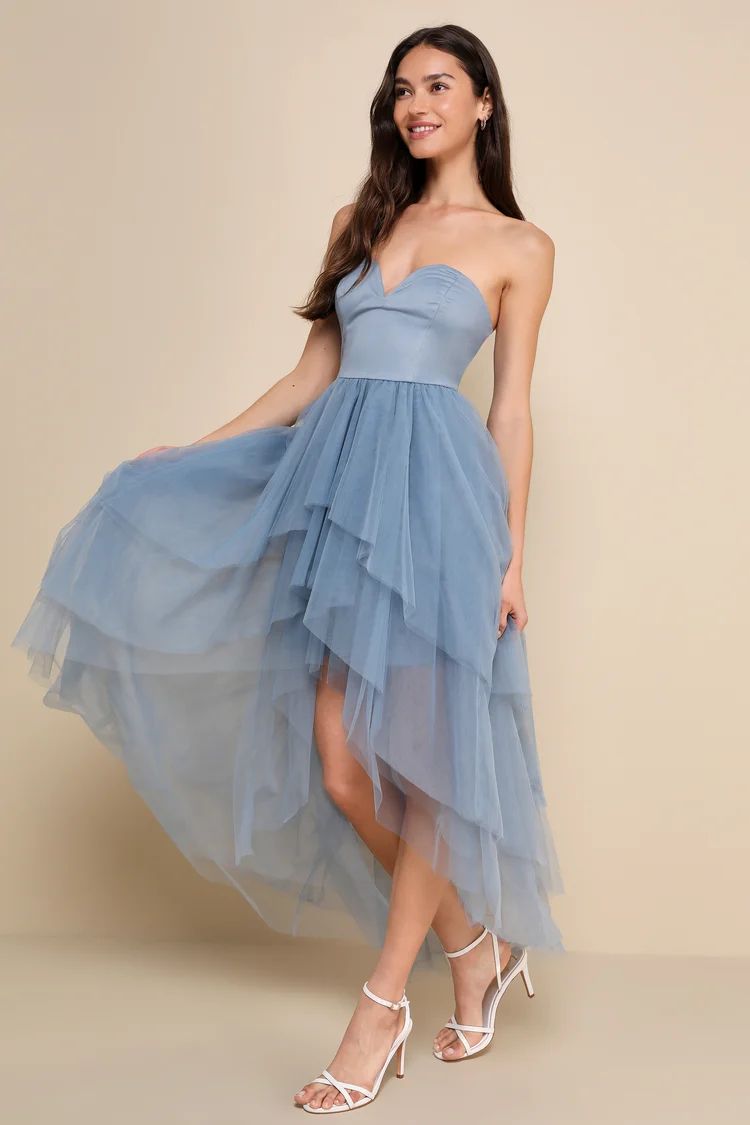 Precious Angel Slate Blue Mesh Strapless High-Low Maxi Dress | Lulus
