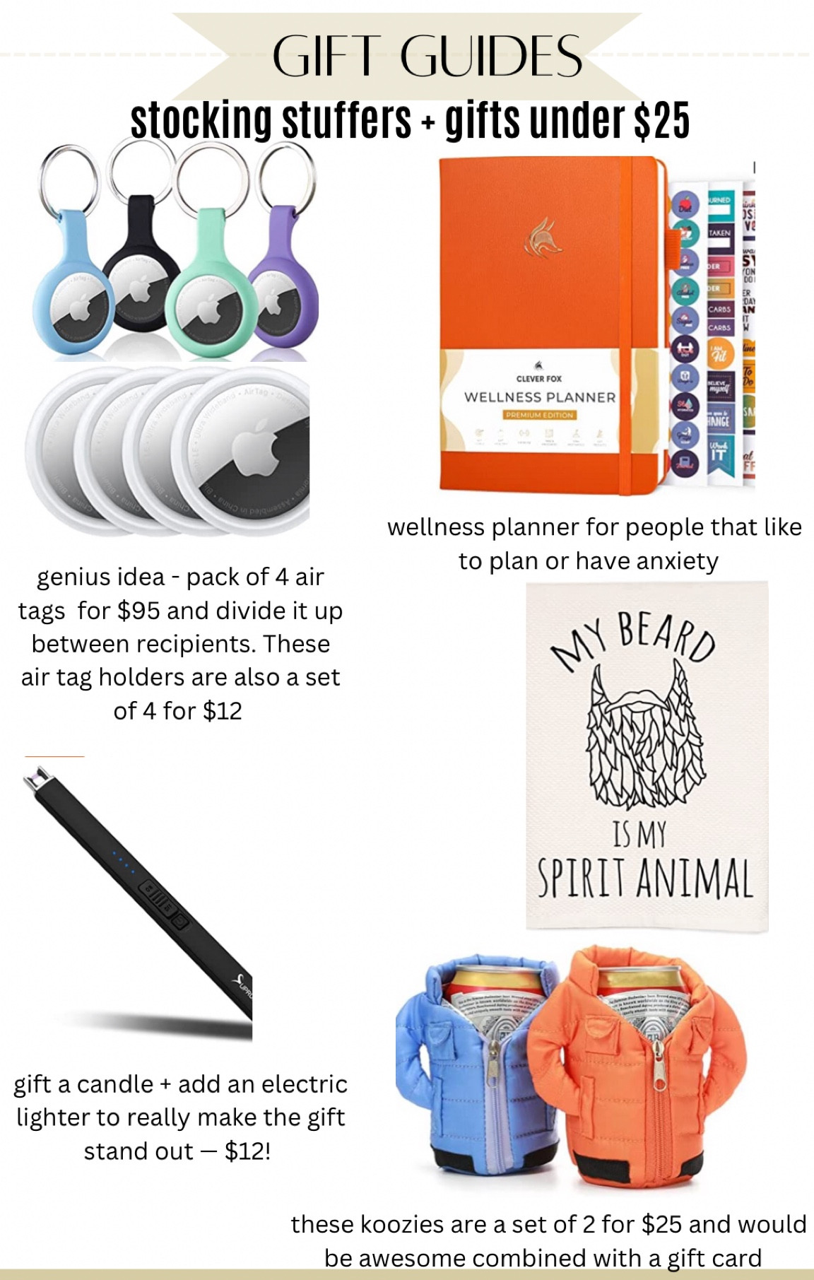 Perfect stocking stuffers and gifts under $25. Small gifts that make a big impact, electric lighter for candle, apple AirTags, wellness planner, beer Koozie #ltkfamily #ltksale

#LTKHoliday #LTKGiftGuide #LTKSeasonal