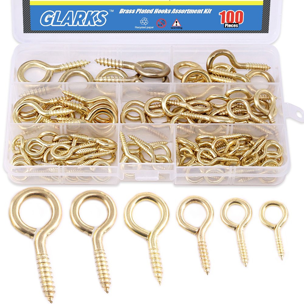 Glarks 100-Pieces 6 Size Brass Plated Lag Eyebolts Screw-in Eye Shape Screw Hooks Hanging Hooks A... | Amazon (US)