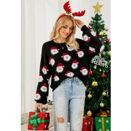 Fuzzy Santa Claus Knit Top in Black | Chicwish