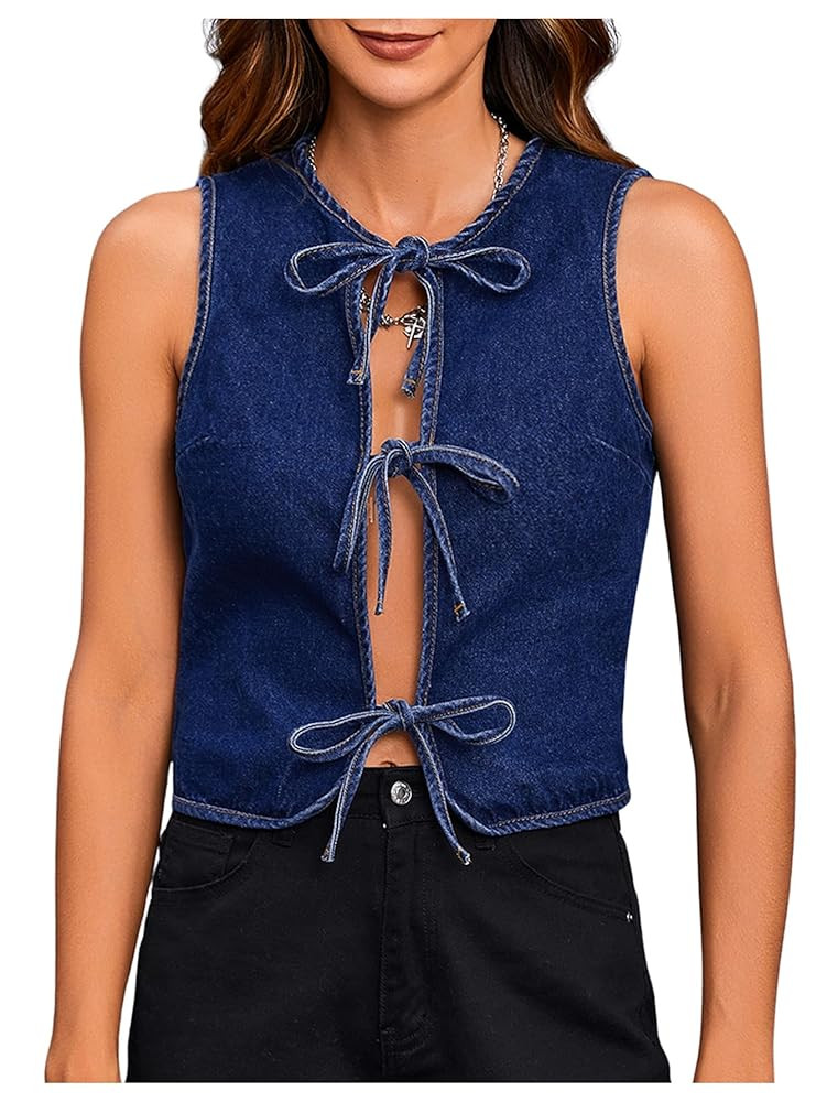 MakeMeChic Women's Jean Vest Tie Front Sleeveless Crop Denim Vest Top Jackets | Amazon (US)