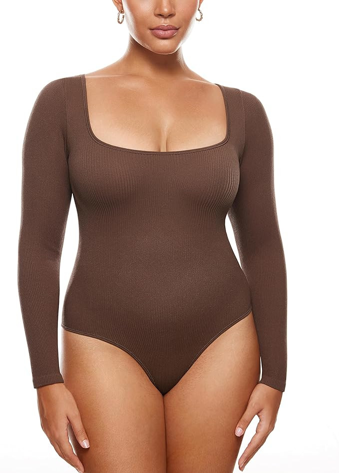 INLYRIC Women's Scoop Square Neck Sleeveless Bodysuit Ribbed Long Sleeve Tank Tops Slimming Body ... | Amazon (US)