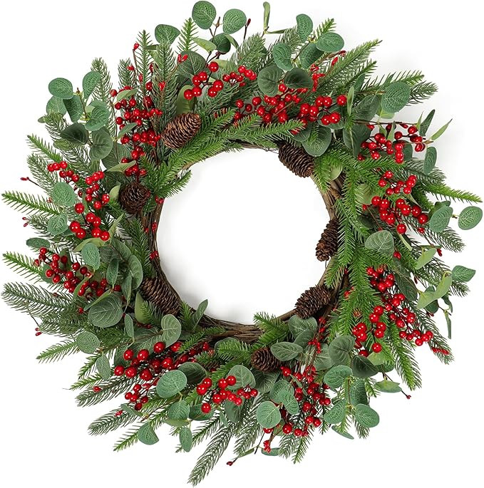 Dremisland 24 Inch Artificial Christmas Wreath for Front Door Xmas Red Berry Wreath with Pine Nee... | Amazon (CA)