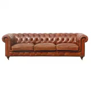 Pasargad Home Paris Club 38 in. Brown Leather 3-Seater Chesterfield Sofa with Round Arms-SOFA-300... | The Home Depot