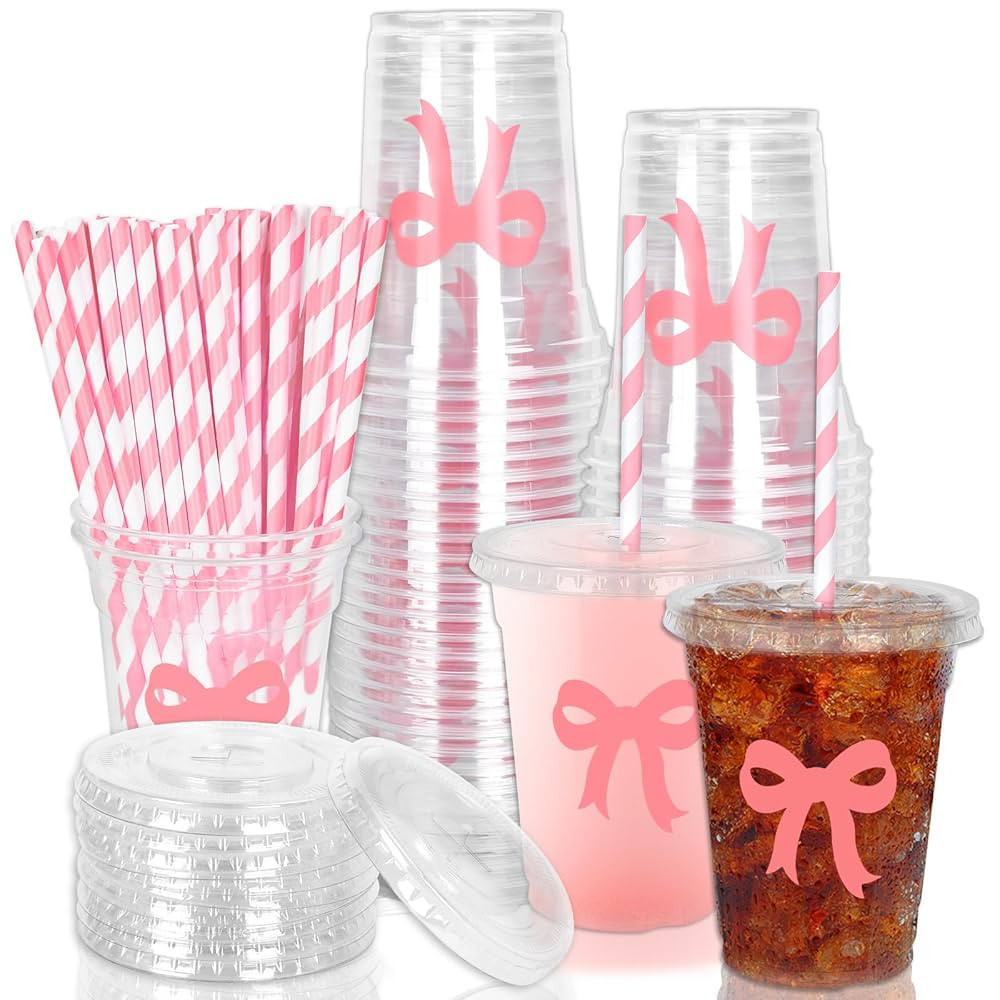 Whaline 50Pcs Pink Bow Disposable Plastic Cups with Lids and Straws 12Oz Lovely Bowknot Cold Beve... | Amazon (US)
