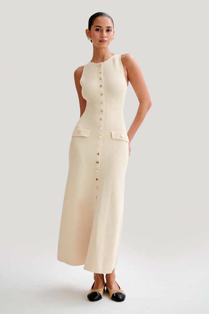 Sawyer Sleeveless Buttoned Maxi Dress - Ivory | MESHKI US