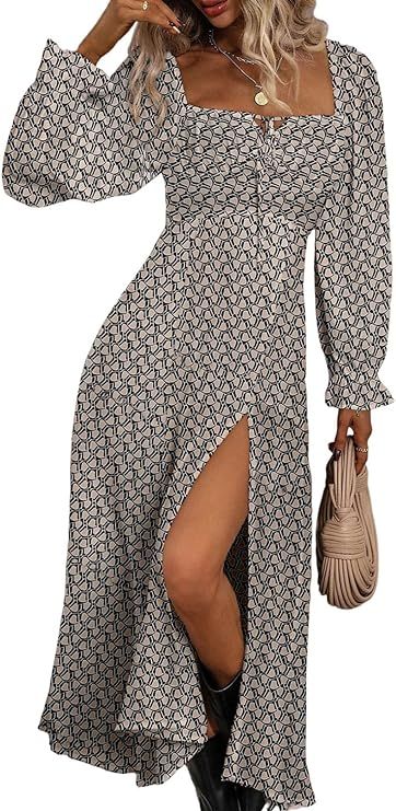 BLENCOT Women's Floral Print Puff Long Sleeve Maxi Dress Sexy Square Neck Tie Front Ruffle Hem Sp... | Amazon (US)