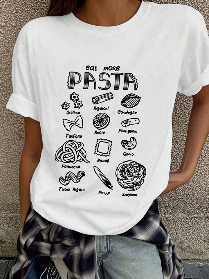 Spaghetti Graphic Print T-Shirt Short Sleeve Round Neck Casual Top Summer Spring Autumn Women's T-Shirt | SHEIN