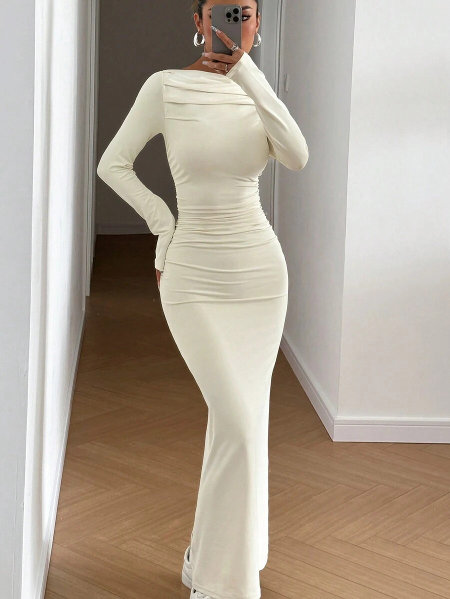 SHEIN EZwear Women's Solid Color Ruched Long Sleeve Fish Tail Elegant Bodycon Dress,White Graduation Dress | SHEIN