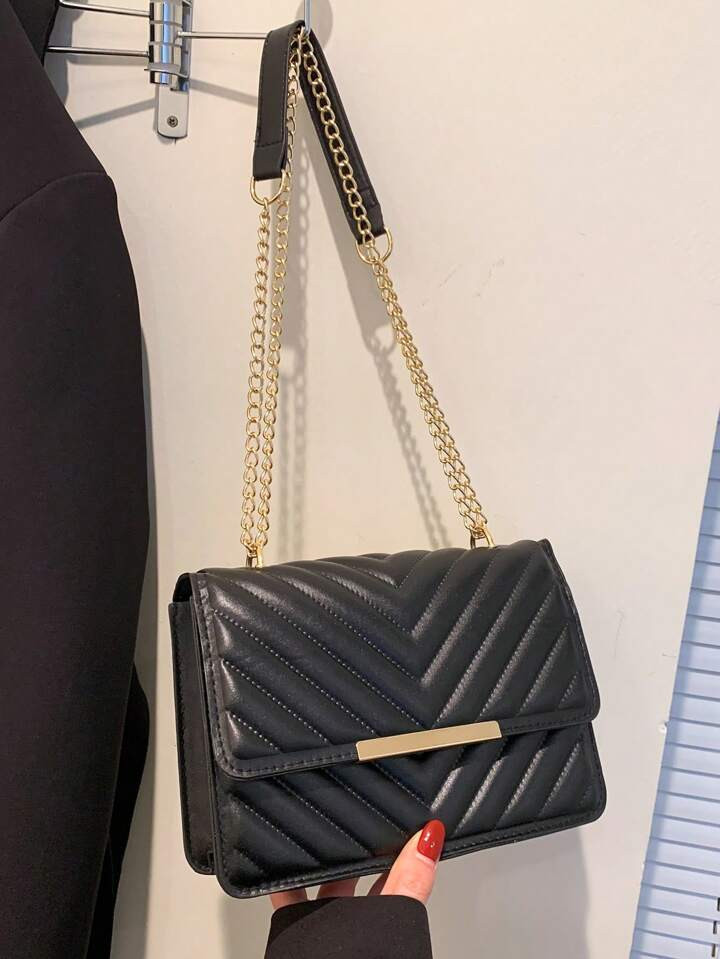 Chevron Square Bag Flap PU Black | SHEIN