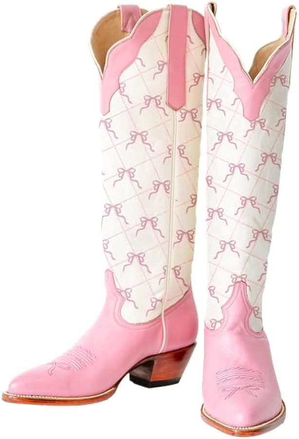 MissHeel Mini Bows Knee High Cowgirl Boots White Cowboy Boots for Women | Amazon (US)