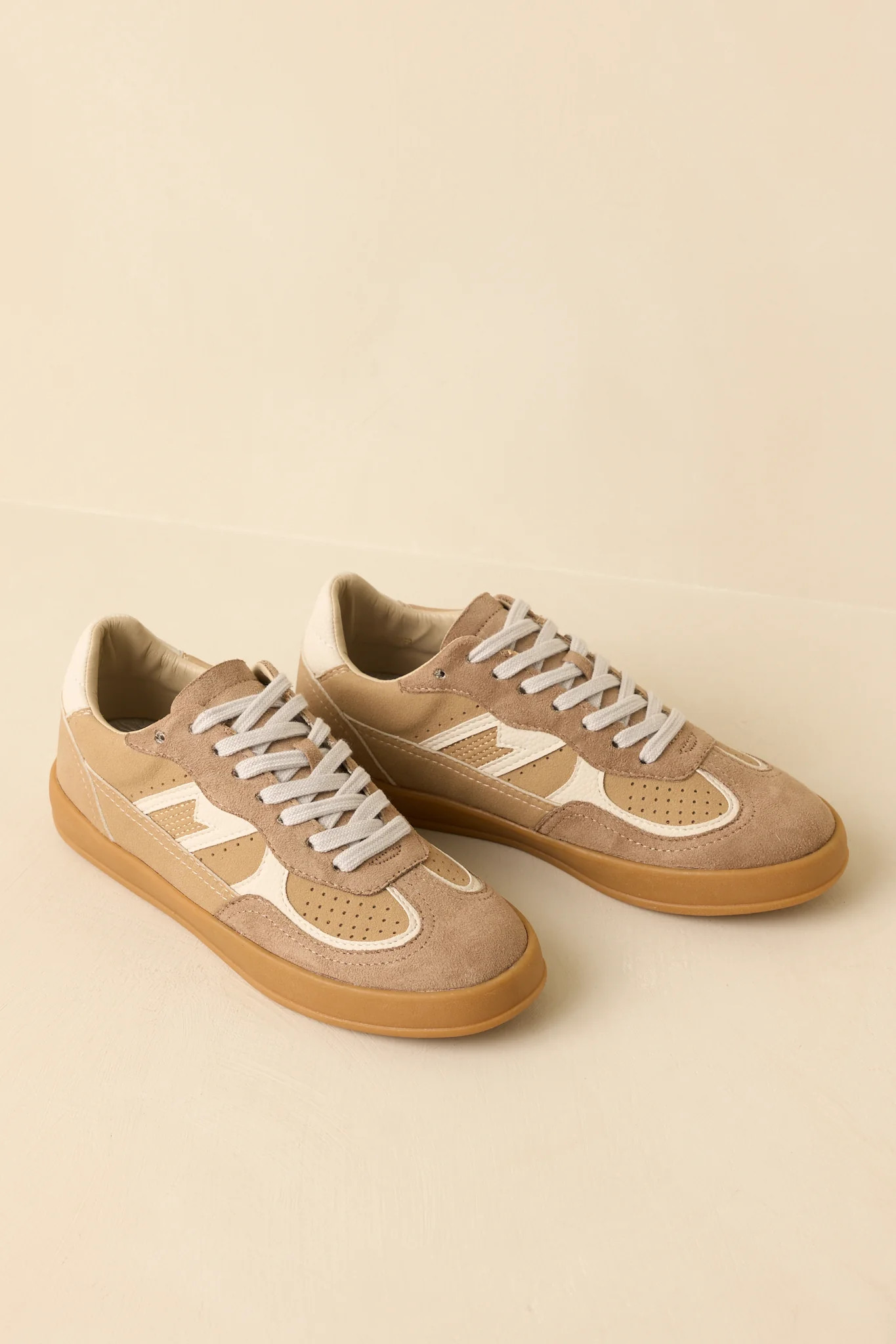 Keep a Steady Pace Tan Faux Leather & Suede Lace Up Sneakers | Red Dress