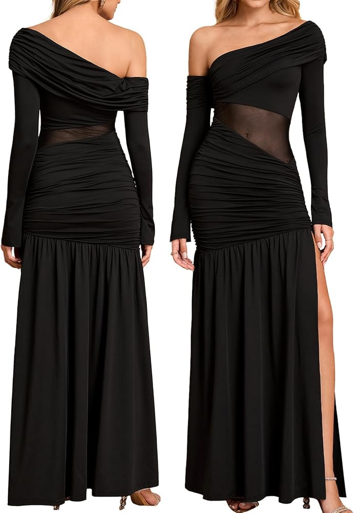 Women One Shoulder High Slit Maxi Dress Ruched Bodycon Cutout Long Sleeve Formal Wedding Guest Dr... | Amazon (US)