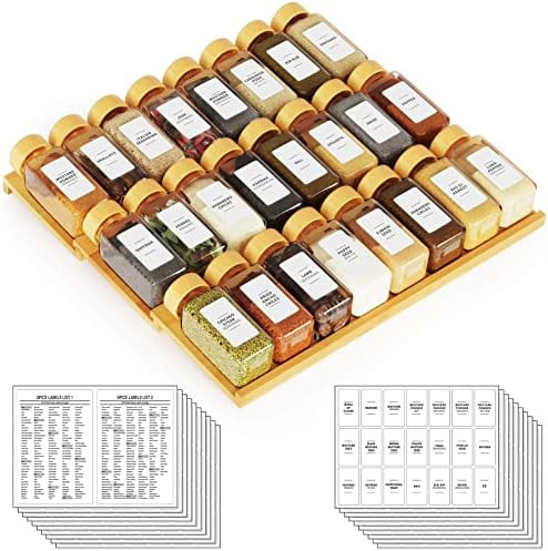 SpaceAid Bamboo Spice Drawer Organizer with 24 Spice Jars, 378 White Minimalist Spice Labels, 3 T... | Amazon (US)