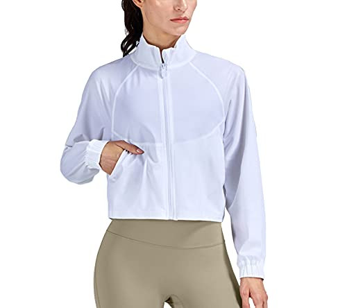 altiland Women's Athletic Running Yoga Gym Track Zip Up Cropped Jackets Long Sleeve Workout Shirts (White, S) | Amazon (US)