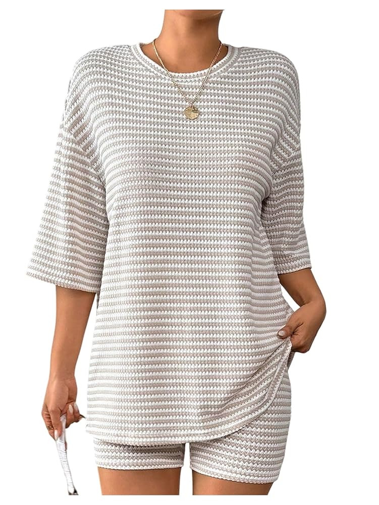 Verdusa Women's 2 Piece Striped Outfits Half Sleeve Oversized Tshirts with Track Lounge Shorts Se... | Amazon (US)