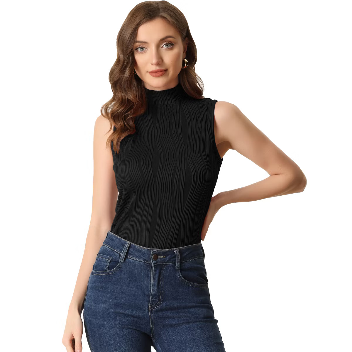 Allegra K Women's Mock Neck Sleeveless Keyhole Back Ribbed Knit Blouses Black Small | Target