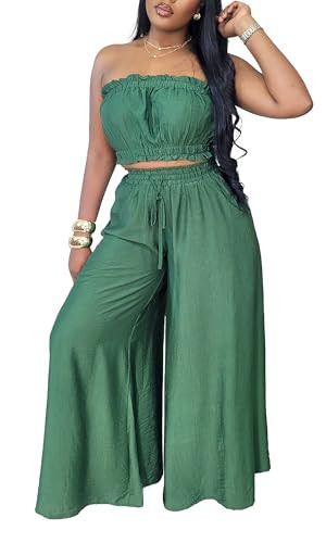 Two Piece Sets for Women Summer Outfits Crop Tops and Wide Leg Pants Sets Sexy Jumpsuits Vacation Outfits with Pockets Hunter Green M | Amazon (US)