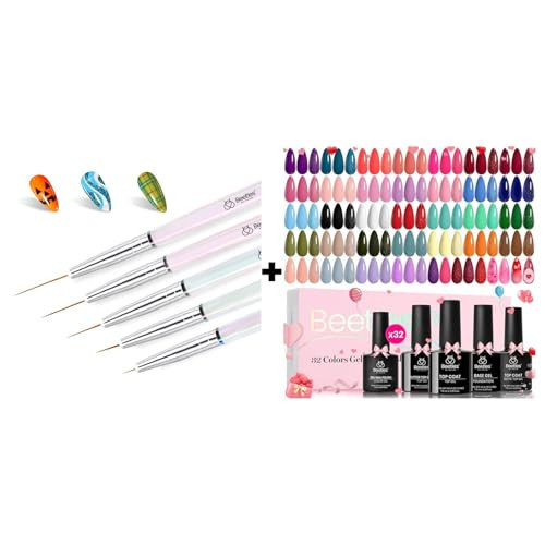 Beetles Nail Art Pens Brushes, 5pcs Nail Art Liner Brushes Set Paint & Gel Polish Set Fall Gel Nail Polish Kit 36 Pcs 32 Colors with Base Top | Amazon (US)