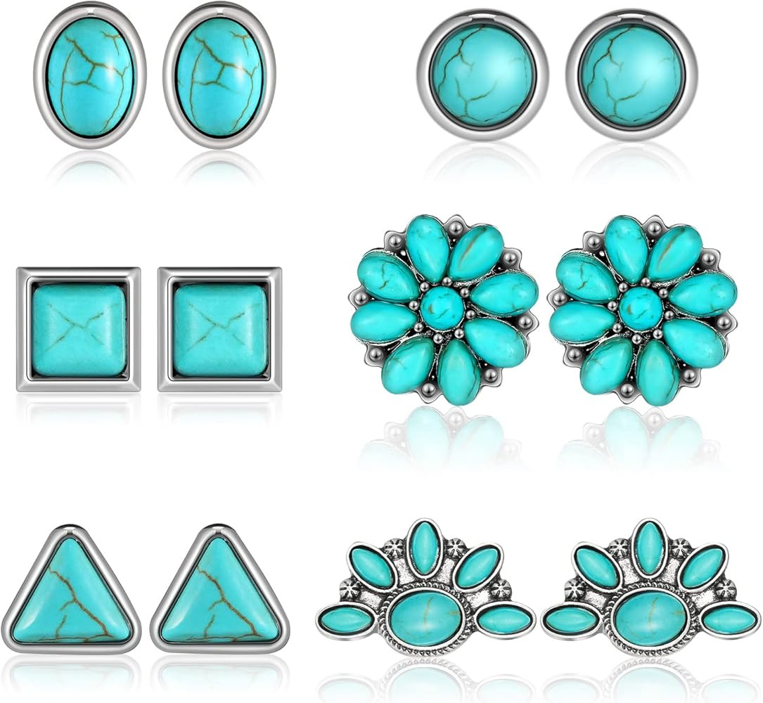 6 Pairs Turquoise Stud Earrings Small Geometric Oval Round Flower Earrings Gemstone Cut Shape Squ... | Amazon (US)