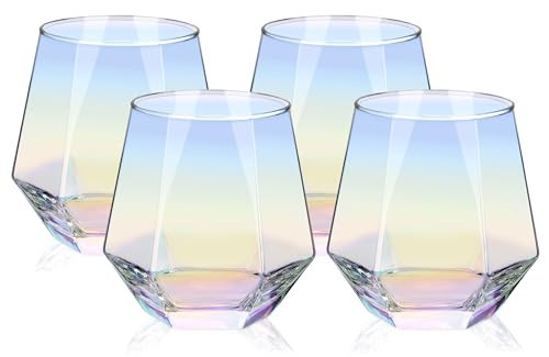 Moretoes Stemless Wine Glasses Set of 4, 10oz Iridescent Glassware, Modern Diamond Wine Glasses for Red Wine, Whiskey | Amazon (US)