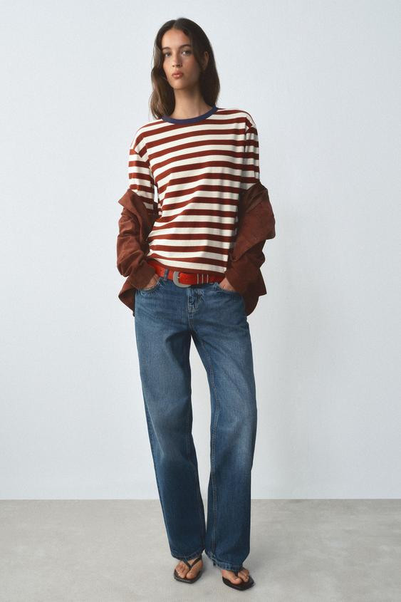 Zara - Striped Crew Neck T-Shirt - Red Stripe - M - Woman | Zara Canada