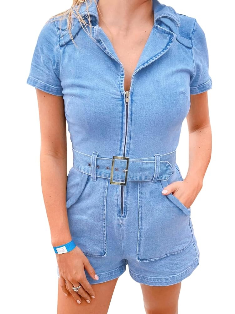 PLNOTME Women's Summer Denim Rompers Zip Up Belted Short Jeans Jumpsuits with Pockets | Amazon (US)