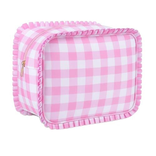 SilTriangle Pink Gingham Ruffle Makeup Bag Large Travel Cute Checkered Cosmetic Toiletry Bag with Zipper for Women Girls, Toiletry Pouch Make up Organizer Gift | Amazon (US)