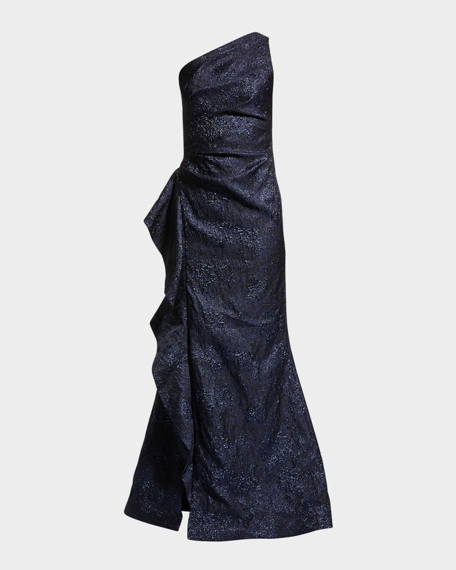 Rickie Freeman for Teri Jon One-Shoulder Jacquard Side-Ruffle Gown | Neiman Marcus