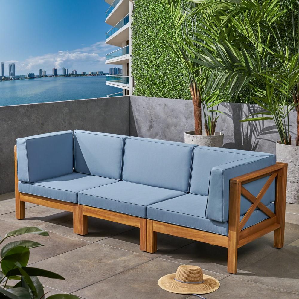 Noble House Brava Teak Brown 3-Piece Wood Outdoor Couch with Blue Cushions | The Home Depot