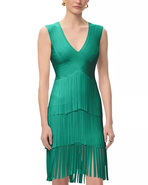 Hervé Léger V Neck Gracie Midi Fringed Dress | Bloomingdale's Women | Bloomingdale's (US)
