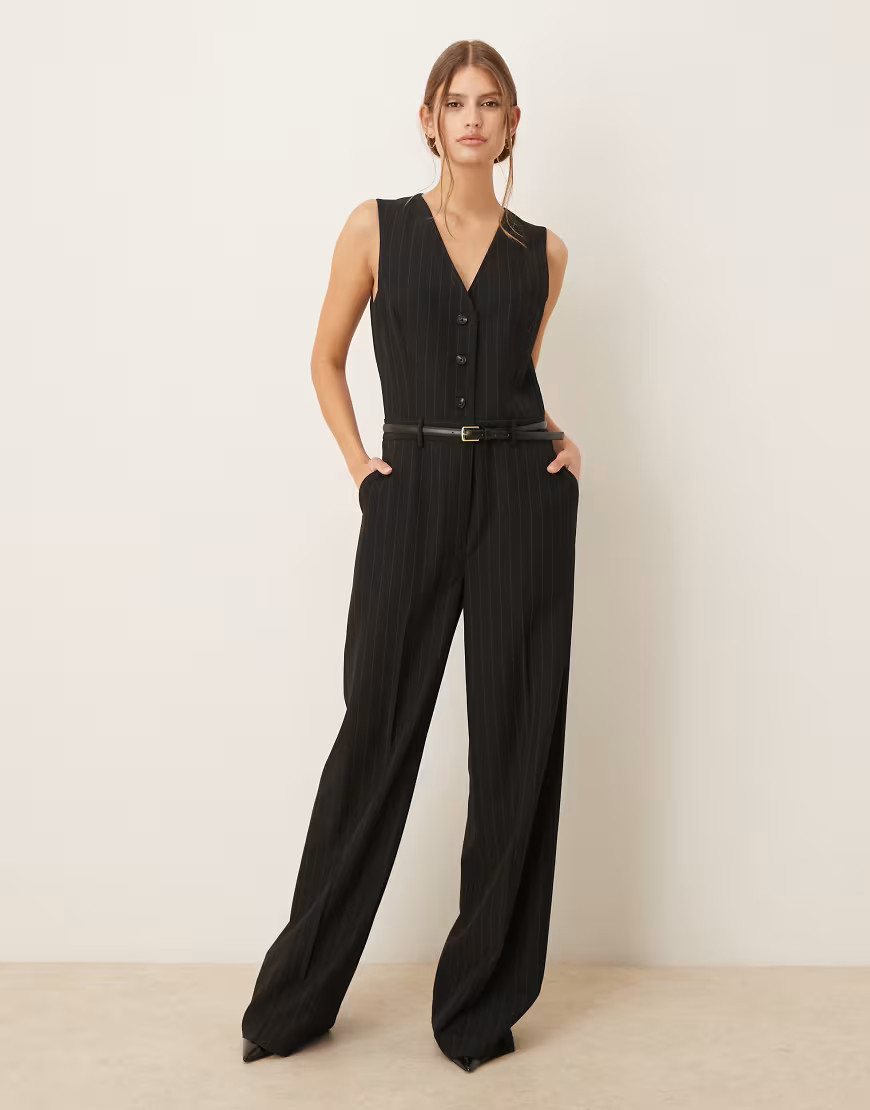 Mango tailored vest jumpsuit with belt in navy pinstripes | ASOS (Global)