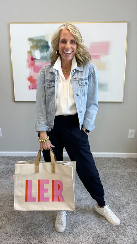 Couldn’t love this more. Perfect casual day or travel look 
Use COAST15 on white shirt (small)  and denim jacket (medium) 

The joggers are Athleta and FANTASTIC. wearing small 

#LTKfindsunder100 #LTKstyletip #LTKover40