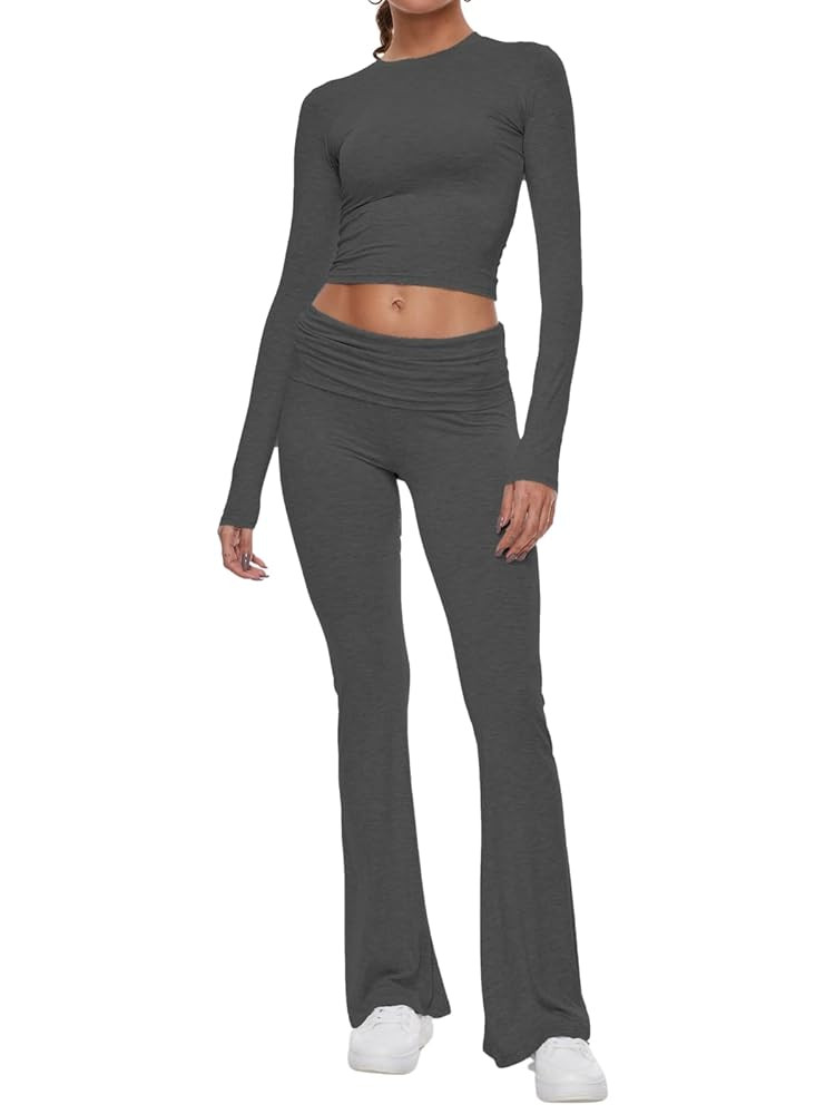 AnotherChill Women's 2 Piece Lounge Sets Fold-over Flare Pants Set Long Sleeve Cropped Top Casual... | Amazon (US)