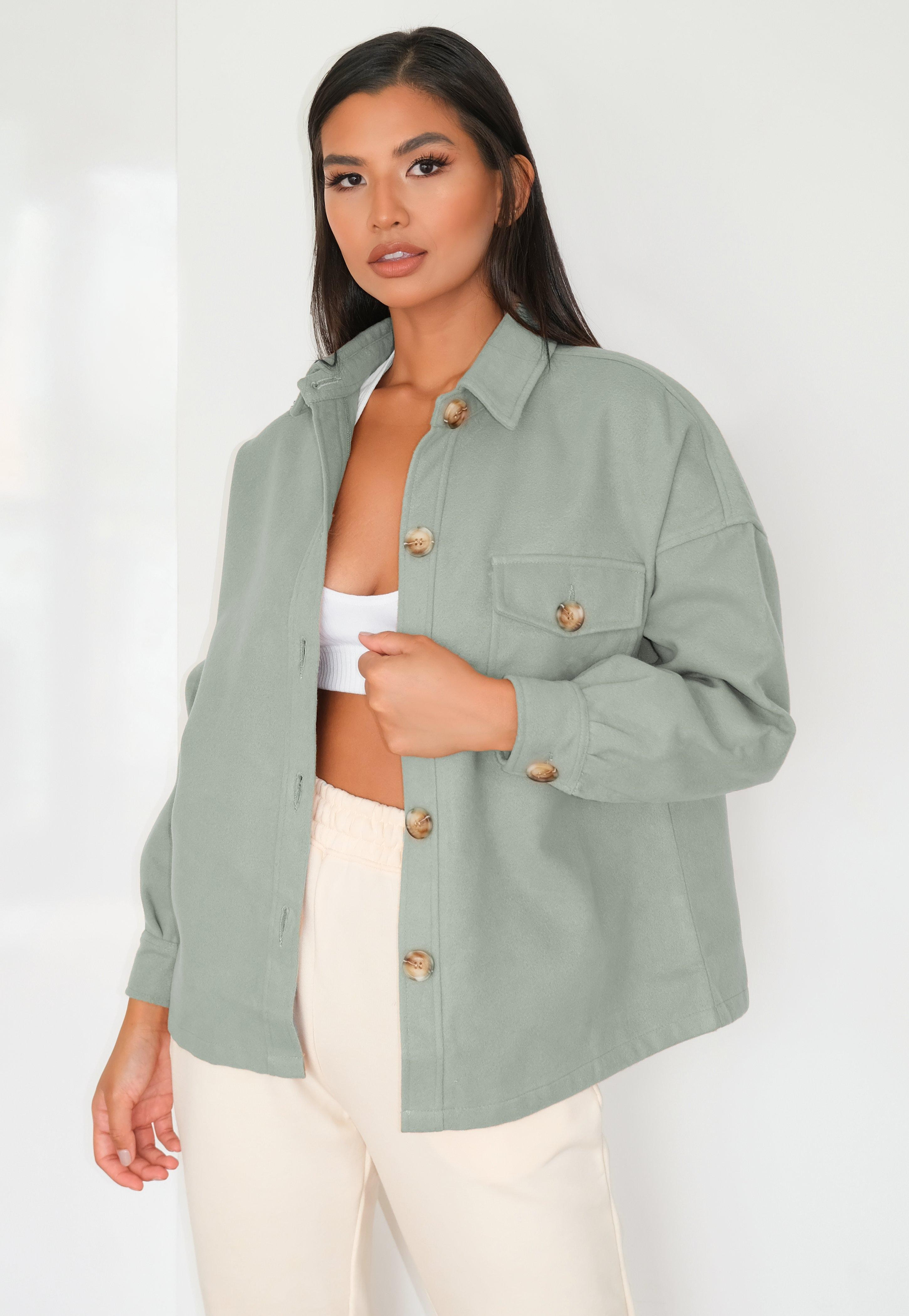 Petite Sage Brushed Button Down Shacket | Missguided (US & CA)