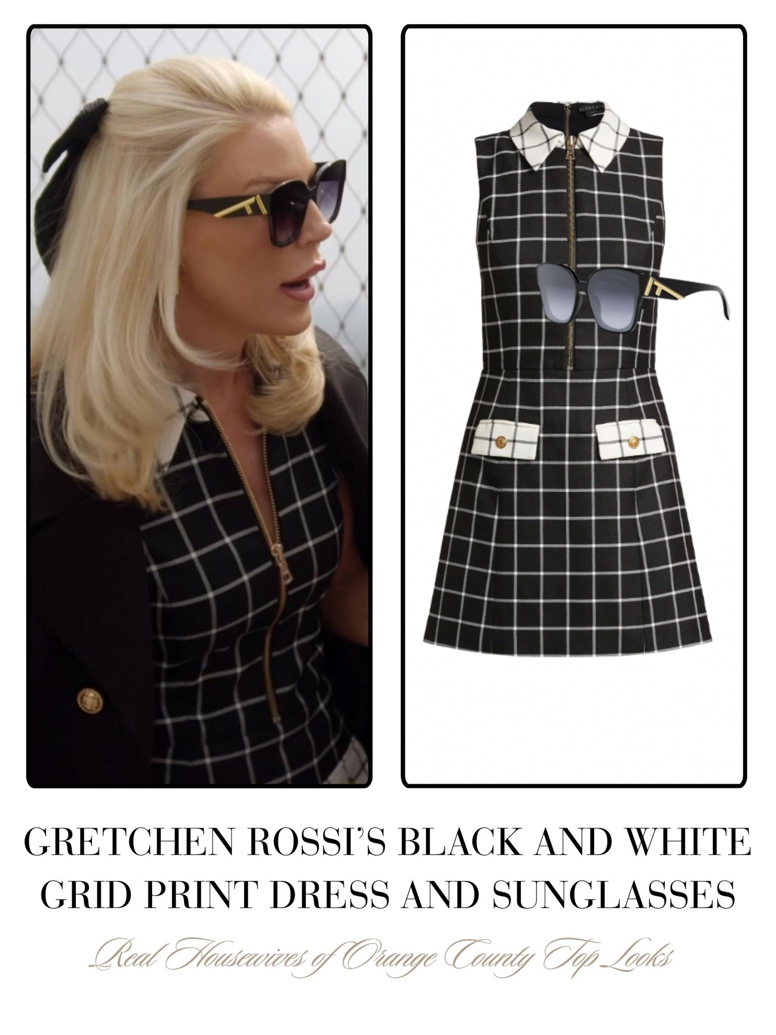 Gretchen Rossi’s Black and White Grid Print Dress and Sunglasses 