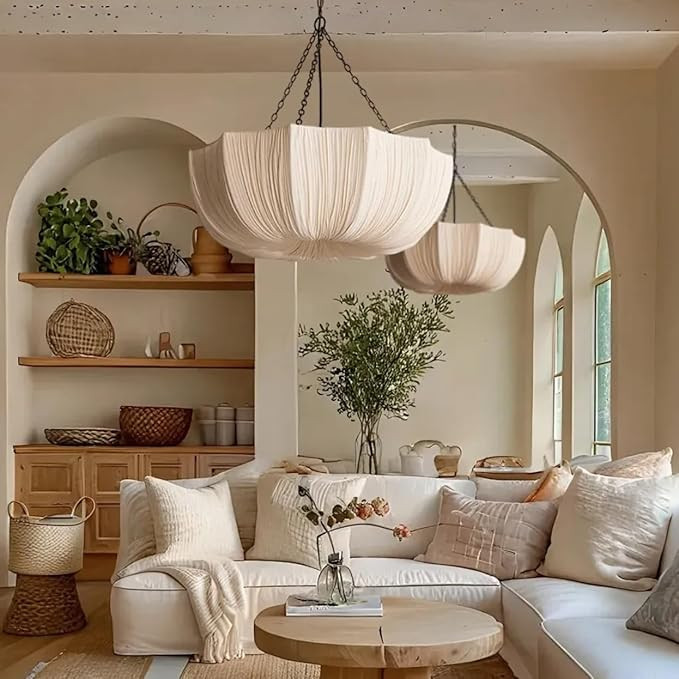 Lantern Fabric Pendant Light Modern Farmhouse Drum Chandelier Faux Silk Cloth Shade 3 Light Wabi ... | Amazon (US)