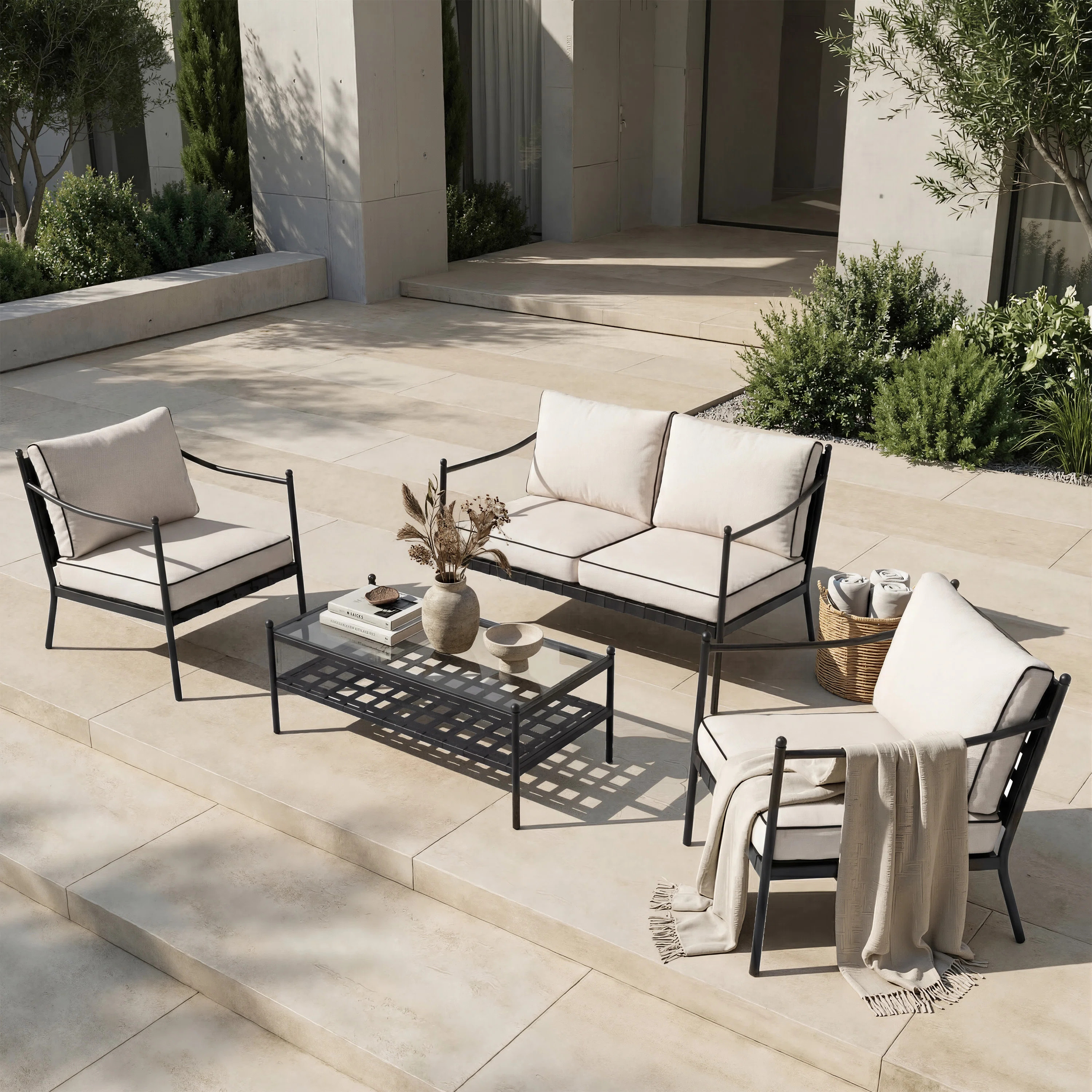 Victoria 4-person  Power Coated Steel Conversation Set With Glass Coffee Table | Wayfair North America