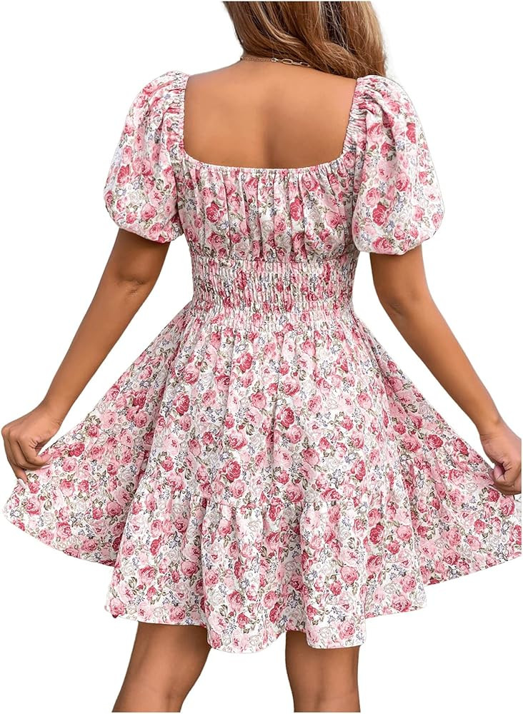 Floerns Women's Boho Square Neck Puff Short Sleeve Self Tie Front A Line Dress | Amazon (US)